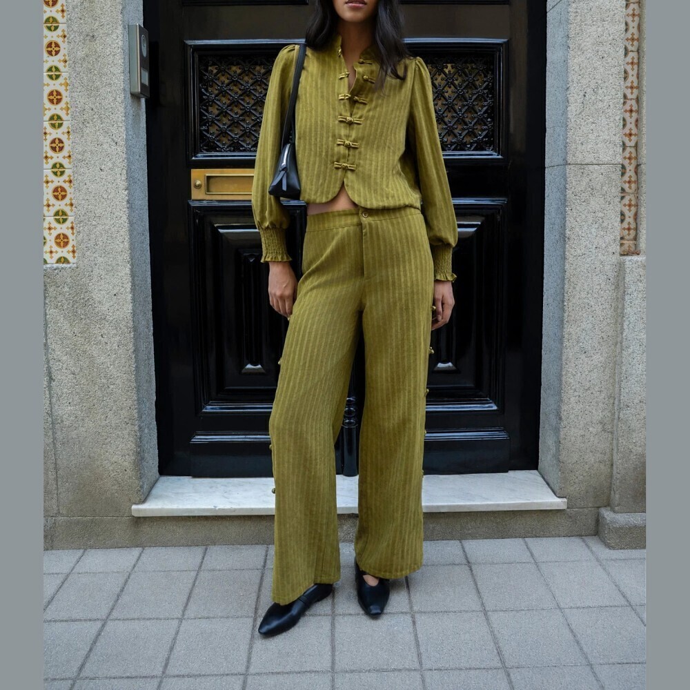 Olive Green Striped Frog Closure Crop Jacket and Wide Leg Pants Pantsuit Set - Picture 4 of 7